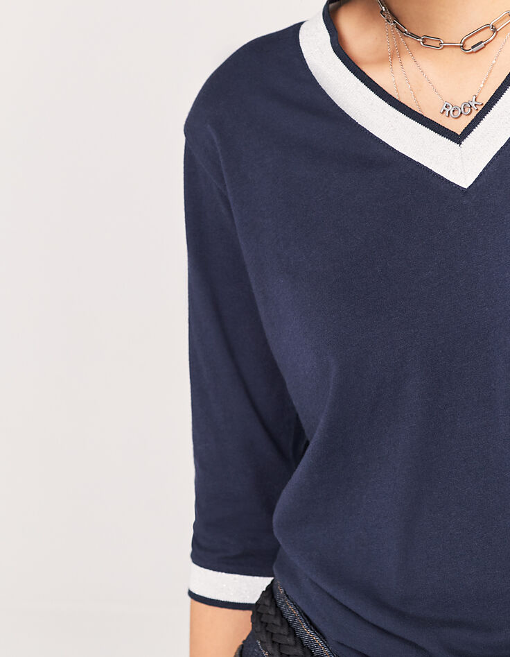 Marineblauw T-shirt katoen metallic ribboord dames-5