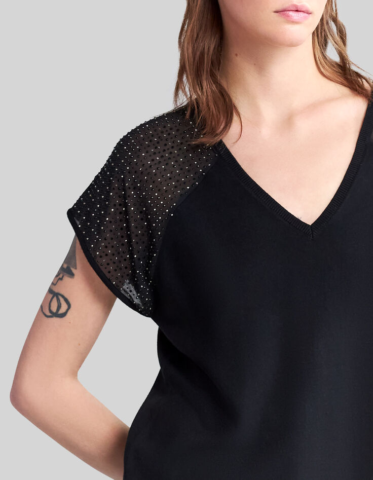 Schwarzer Damen-Strickpullover kurze &Auml;rmel und Strass-5