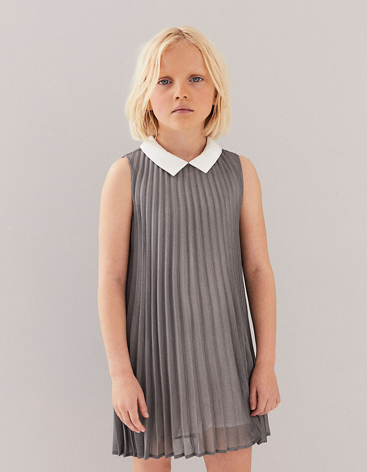 Robe argent plissée à col blanc fille-1