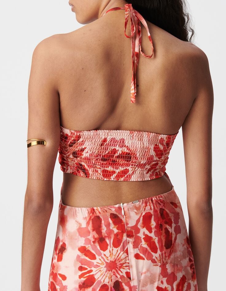 Robe longue rouge imprim&eacute; batik dos ouvert Femme-6