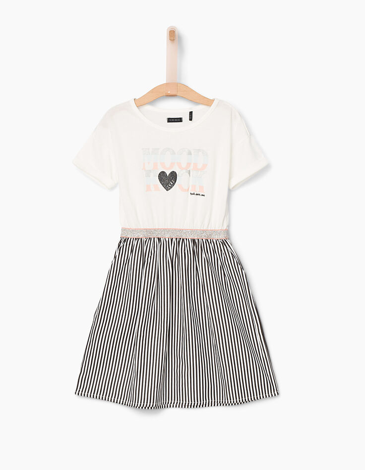 Vestido bimateria blanco roto con rayas negras niña-1