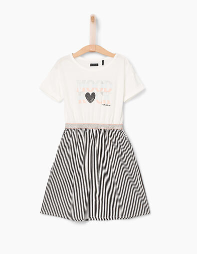 Girls’ off-white with black stripes mixed-fabric dress - IKKS