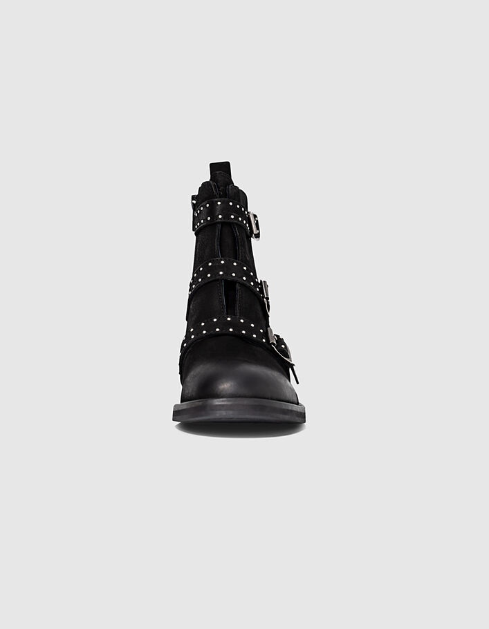 Girls’ black buckle and studs leather combat boots - IKKS