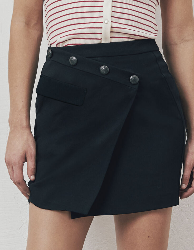 Jupe courte noire effet croisé boutons militaires femme-5