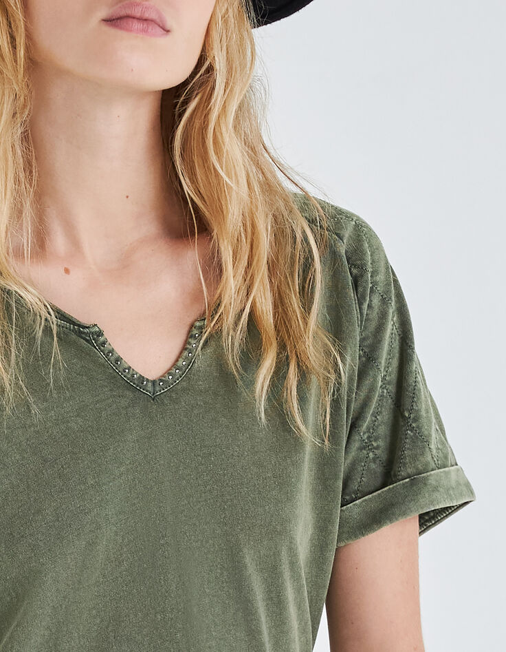 Women's khaki quilted-sleeve T-shirt-4 Women's khaki quilted-sleeve T-shirt-4