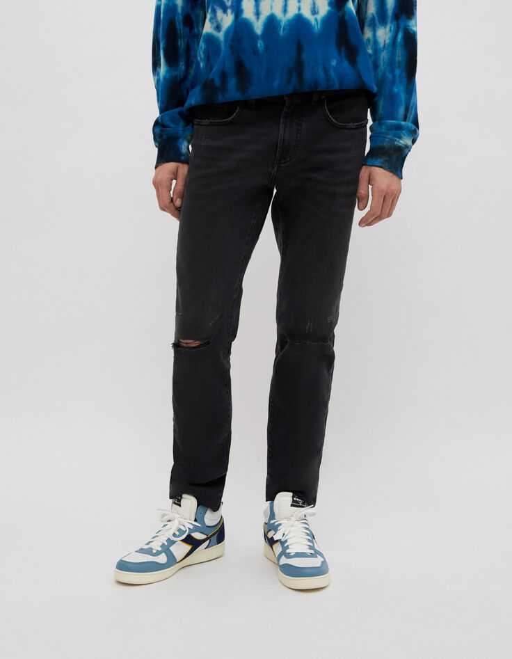 Men’s charcoal SLIM jeans with distressed patches-2