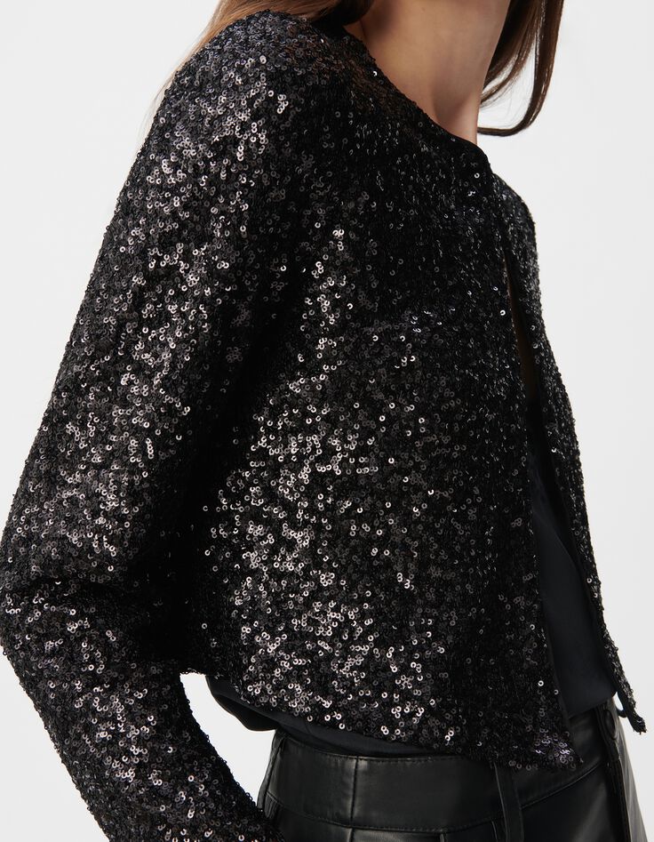 Women's short black jacket with sequin embroidery-6
