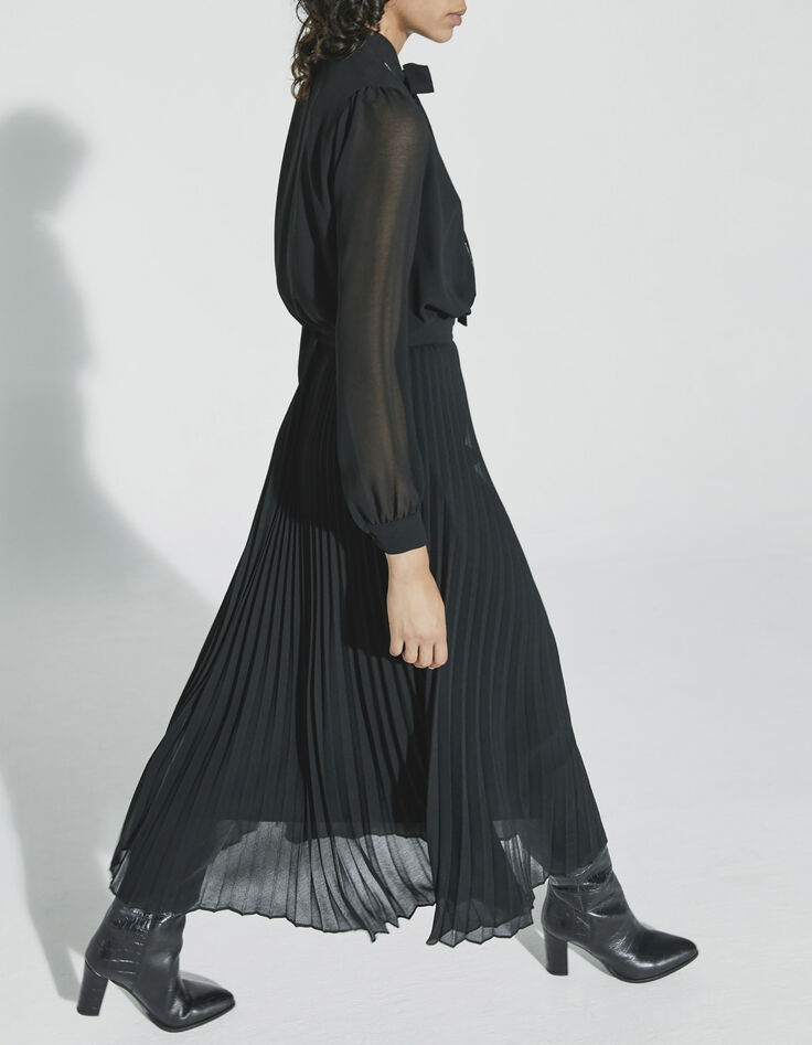 Vestido largo plisado gasa negro mujer-2