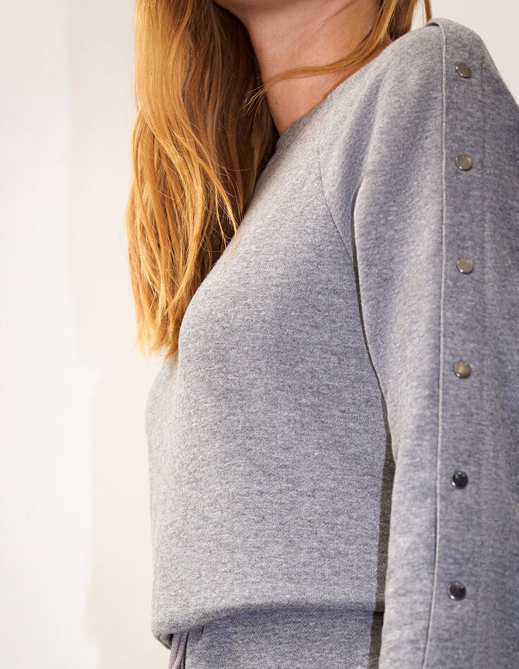 Robe courte en molleton gris boutons épaules femme-4