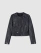 Schwarze Bikerjacke aus gewaschenem Leder mit Rei&szlig;verschlusstaschen Damen-6