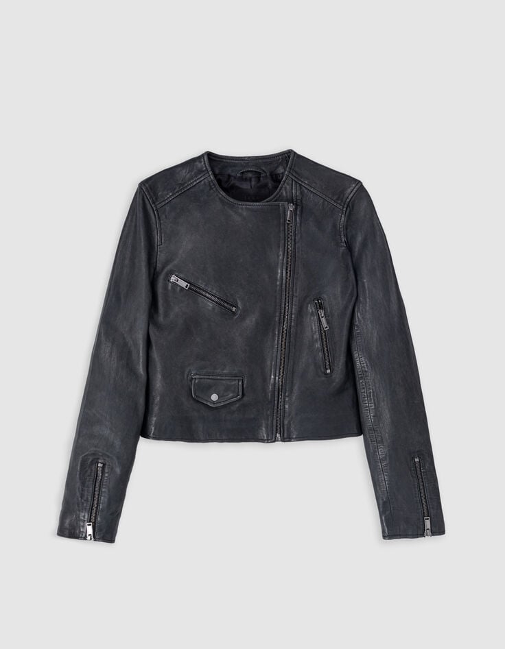 Schwarze Bikerjacke aus gewaschenem Leder mit Rei&szlig;verschlusstaschen Damen-6