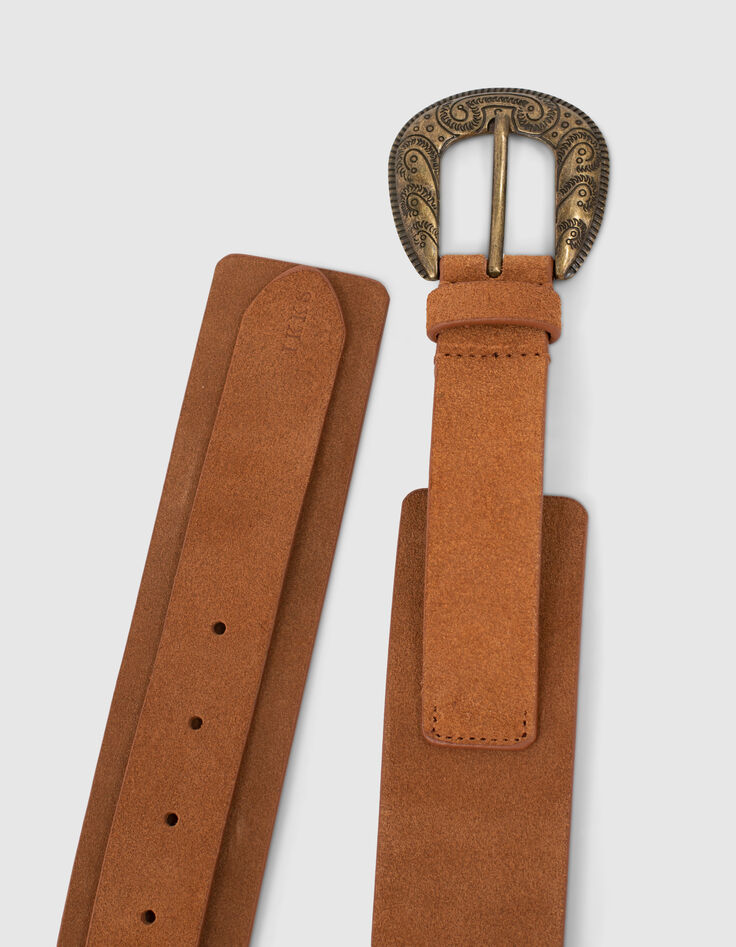 Ceinture en cuir suédé camel boucle western femme-4