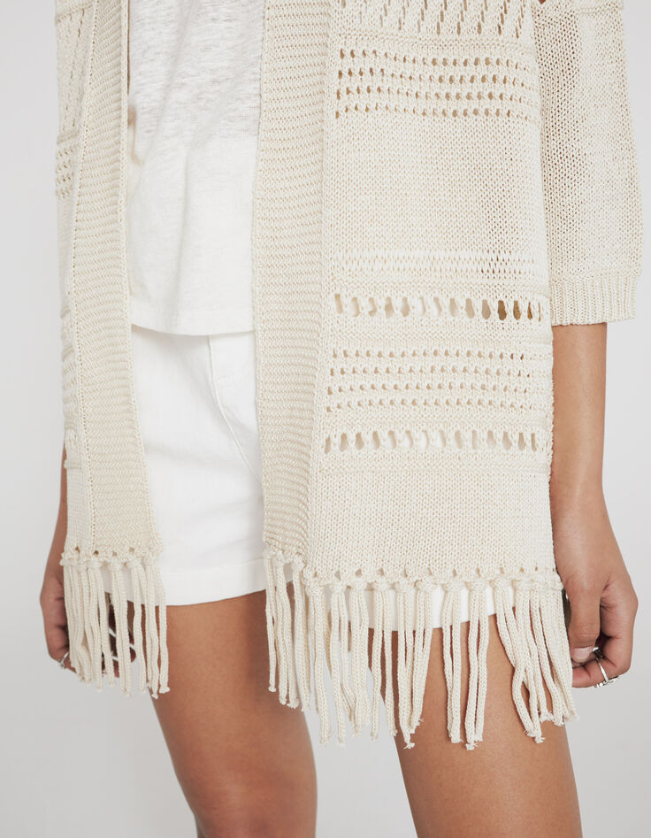 Ecrufarbene Damen-Strickjacke mit Punkten und Fransen-6