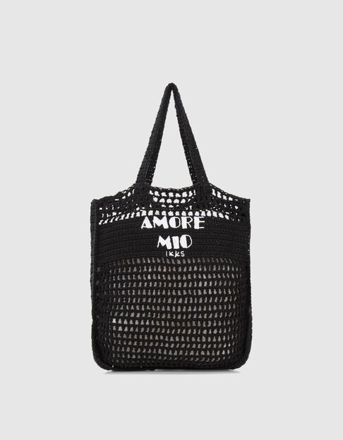 Gehäkelte, schwarze Damen-Totebag mit Schriftzug