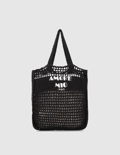 Women’s black crochet tote bag with embroidered slogan - IKKS