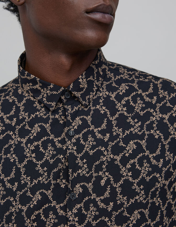 Men's black SLIM shirt with skull and flowers print-4