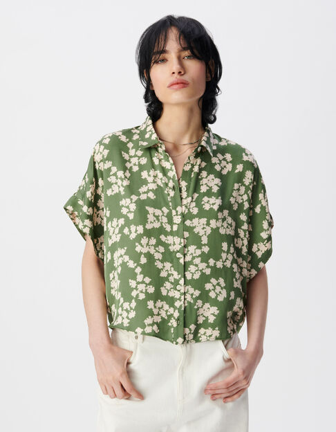 Chemise manches courtes vert satin&eacute; imprim&eacute; feuilles Femme - IKKS