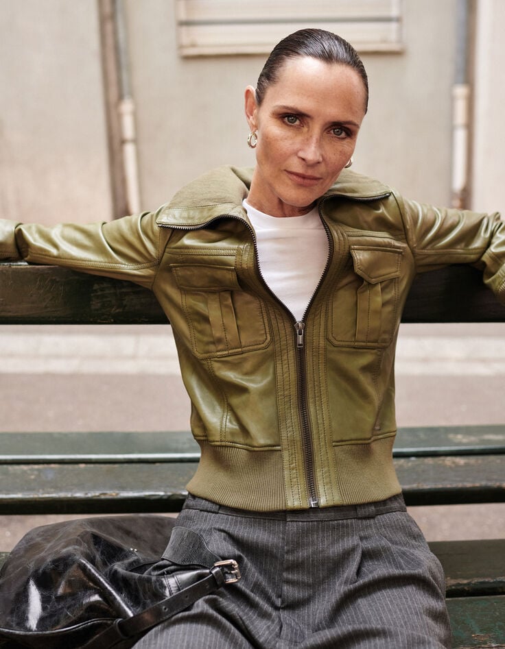 Blouson court kaki cuir délavé Femme-7 Blouson court kaki cuir délavé Femme-7