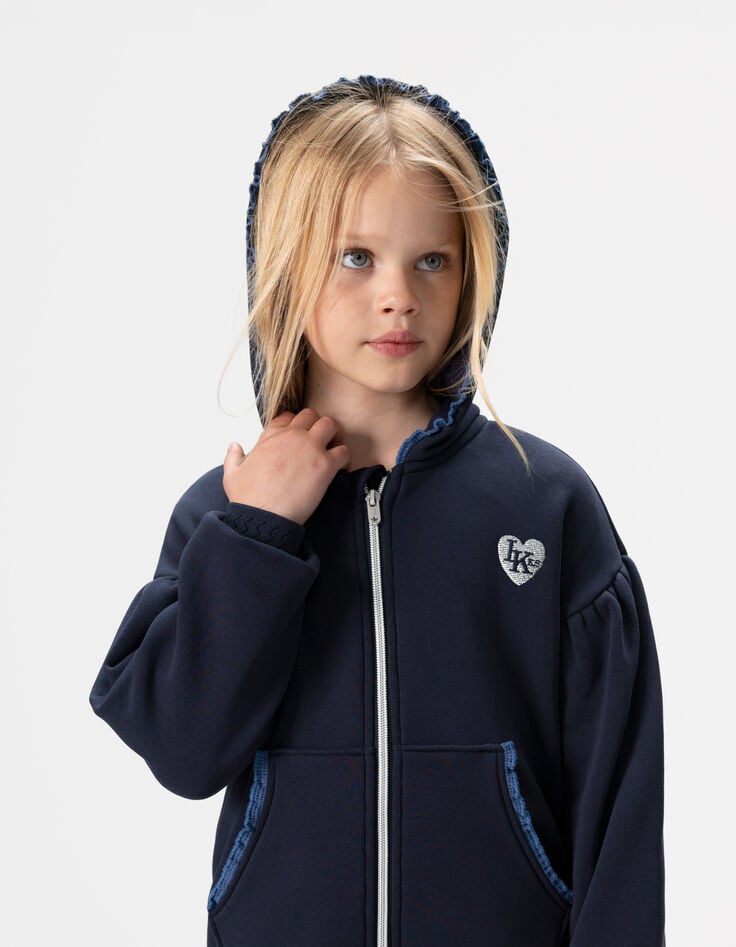 Girls’ navy zipped hooded cardigan with lace trim-1 Girls’ navy zipped hooded cardigan with lace trim-1