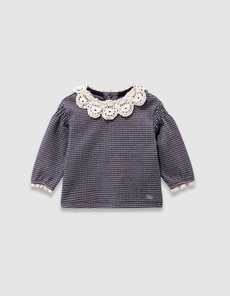 Marine blouse pied-de-poule kanten kraag babymeisjes-1 Marine blouse pied-de-poule kanten kraag babymeisjes-1