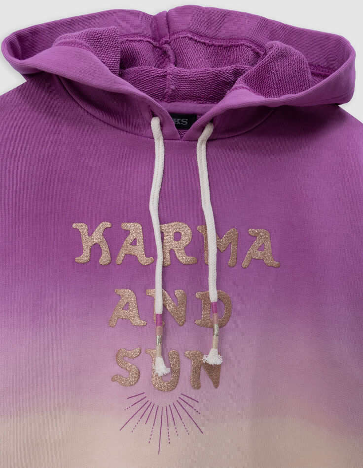 Sweat à capuche violet effet deep dye à message fille-4