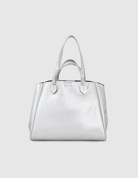 Women’s silver leather double handle The Writer tote bag