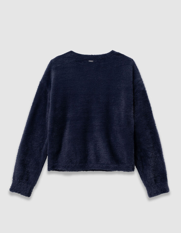 Blauer flauschiger Mädchenstrickpullover Wickellook-5