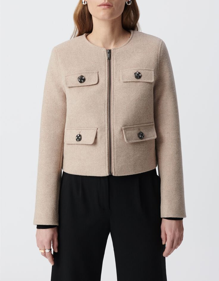Veste droite beige lainage boutons strass Femme-2