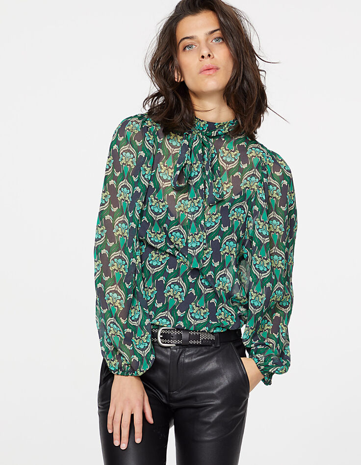 Blouse col montant lavalière voile imprimé peacock femme-2