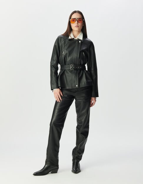 Women’s black grained leather oversized biker jacket - IKKS