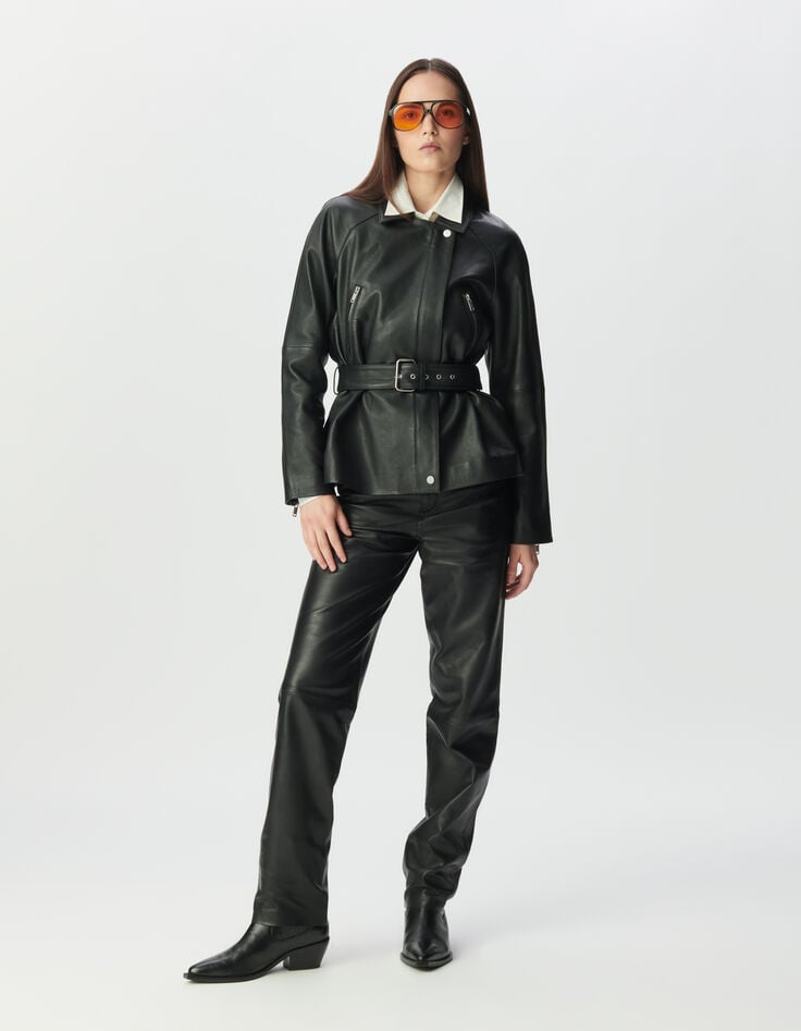 Women’s black grained leather oversized biker jacket-1