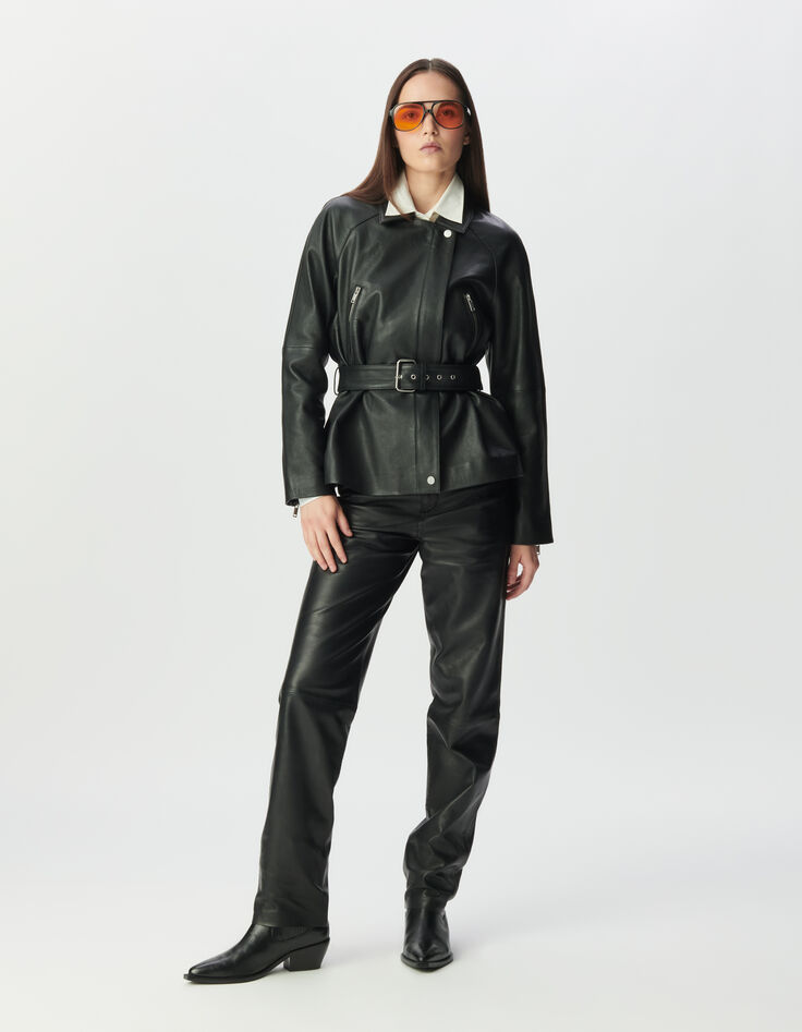 Women’s black grained leather oversized biker jacket-1 Women’s black grained leather oversized biker jacket-1
