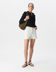Short en jean blanc coton bio taille haute frangé Femme-1