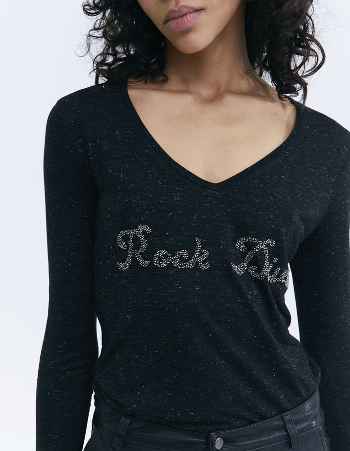 Women’s black Ecovero® viscose T-shirt with bead slogan - IKKS