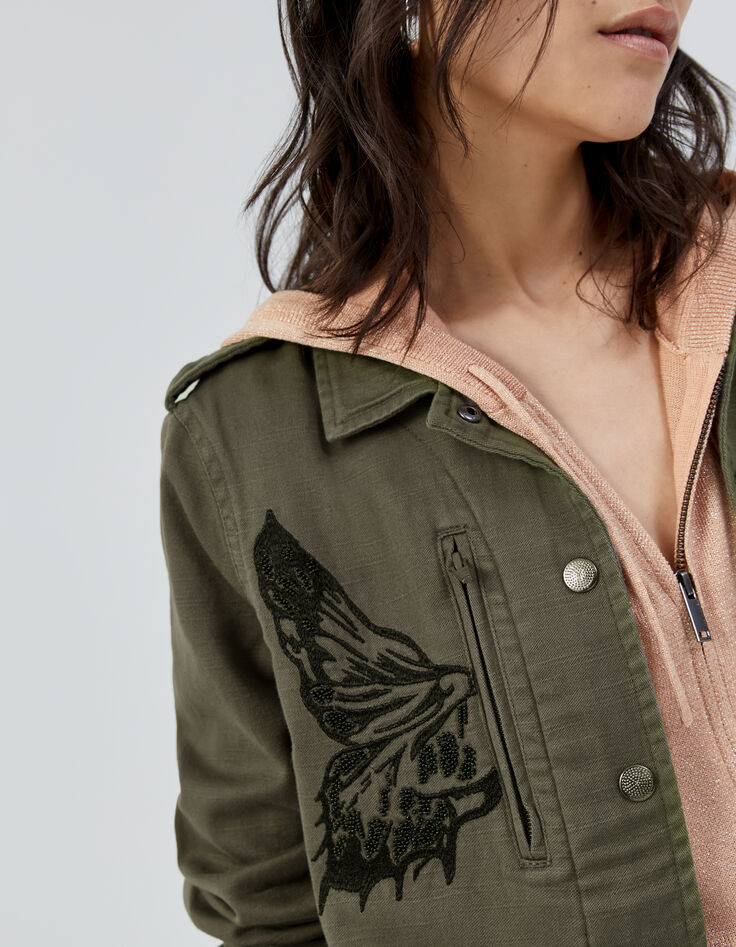Damen-Safarijacke, Khaki, schwarzes Schmetterlingsmotiv-5