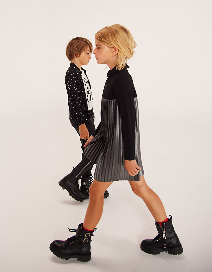 Robe courte noire et argent bi matière plissée fille-7