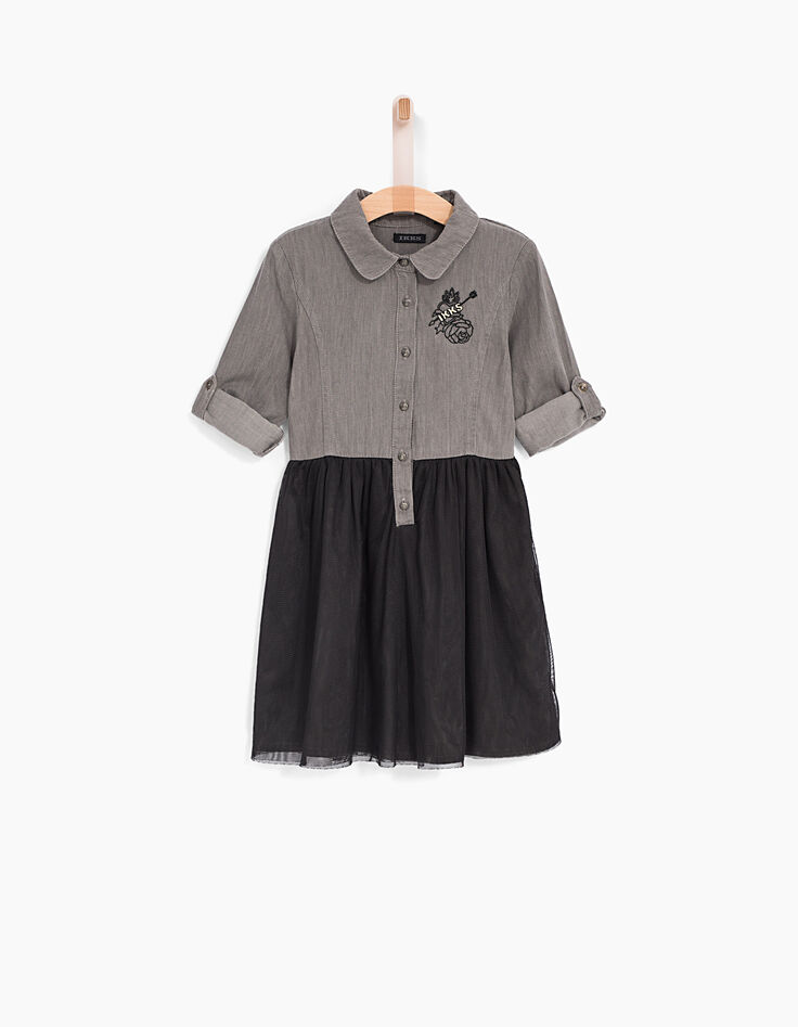 Robe-chemise grise en denim et tulle noir fille-3