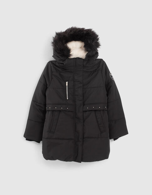 Girls’ black fur-lined hooded long padded jacket - IKKS