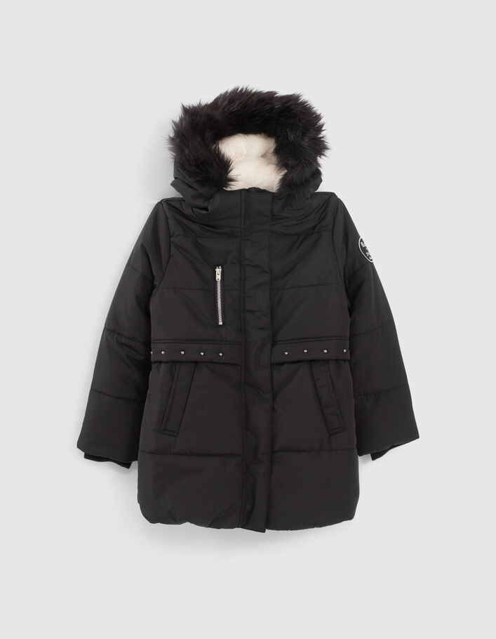 Girls’ black fur-lined hooded long padded jacket - IKKS