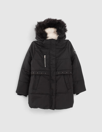 Girls’ black fur-lined hooded long padded jacket - IKKS