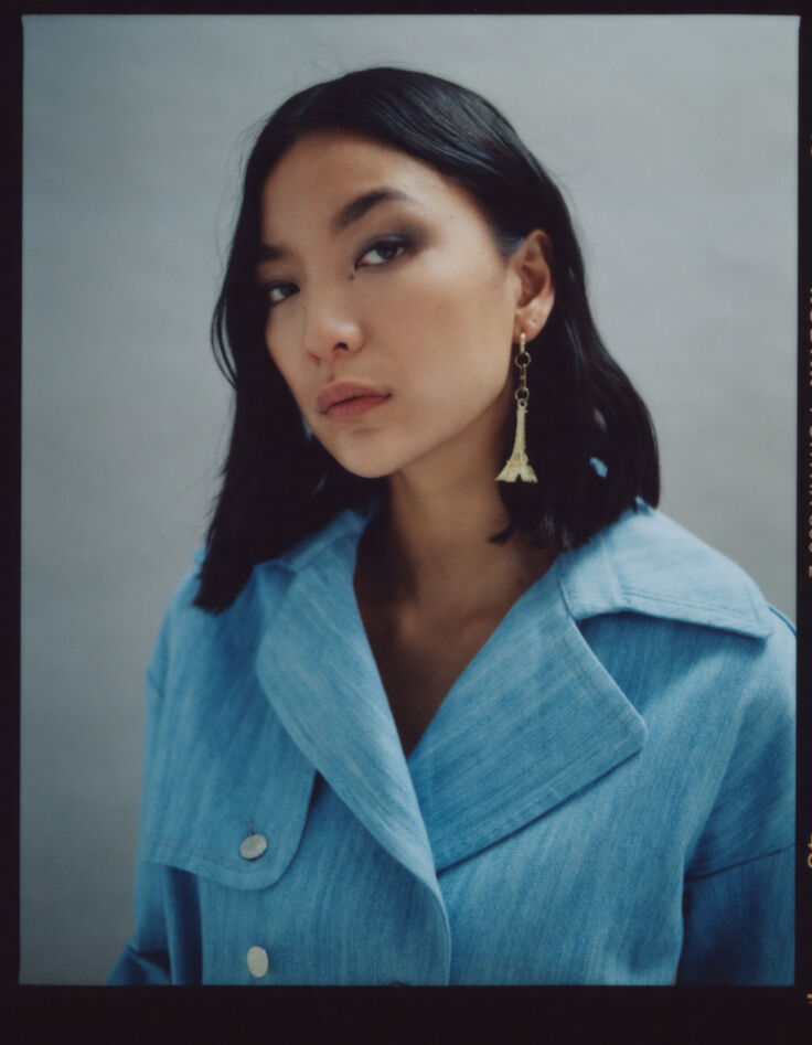 Women’s light blue denim short trench coat-2