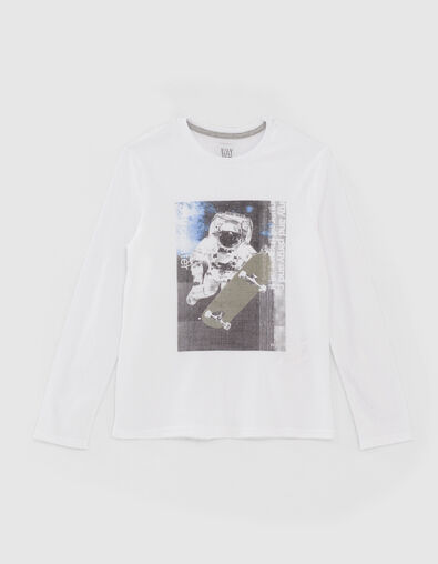 T-shirt blanc coton bio visuel astronaute-skateur garçon - IKKS