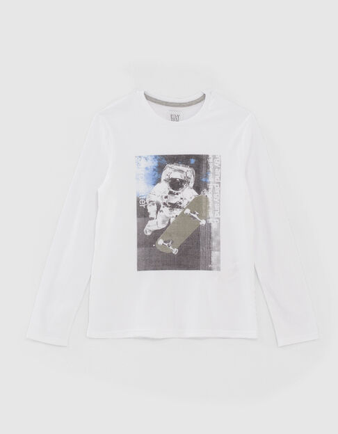 T-shirt blanc coton bio visuel astronaute-skateur garçon