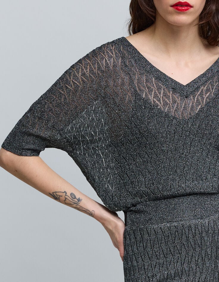 Pull gris maille fine graphique ajourée Femme-4 Pull gris maille fine graphique ajourée Femme-4