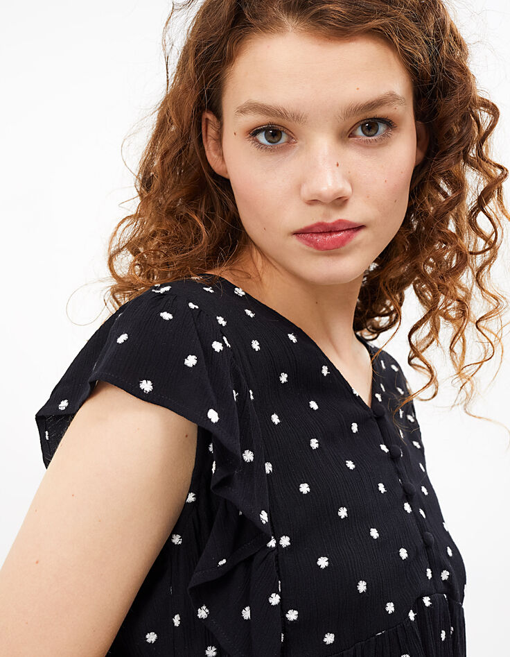 Zwarte top met volants en witte borduursels I.Code-4 Zwarte top met volants en witte borduursels I.Code-4