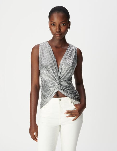 &Auml;rmelloses silbernes T-Shirt mit Schleife Damen - IKKS