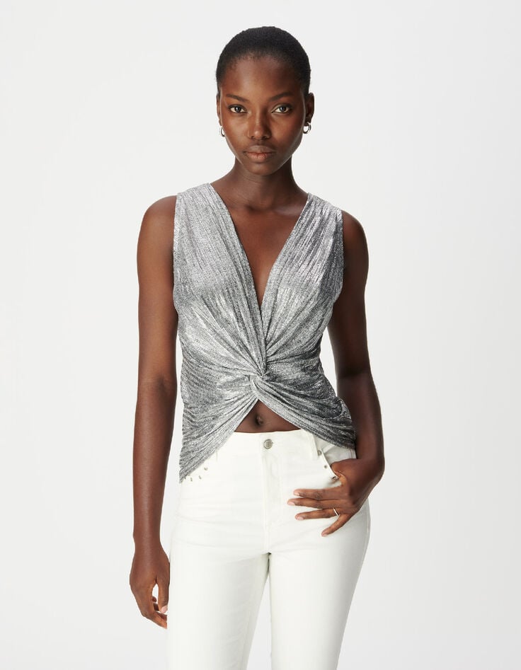 Zilverkleurig mouwloos T-shirt met strik dames-2