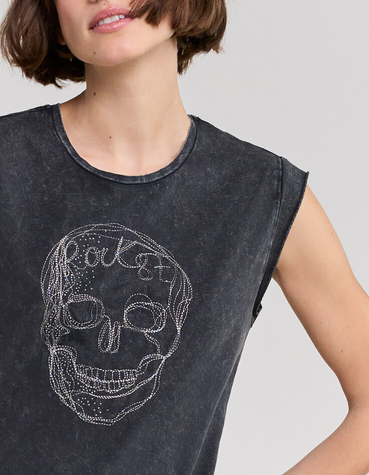 Tee-shirt gris t&ecirc;te de mort brod&eacute;e fils et strass Femme-4
