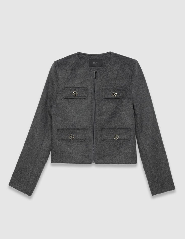 Women’s grey woolcloth box jacket with diamanté buttons-5 Women’s grey woolcloth box jacket with diamanté buttons-5