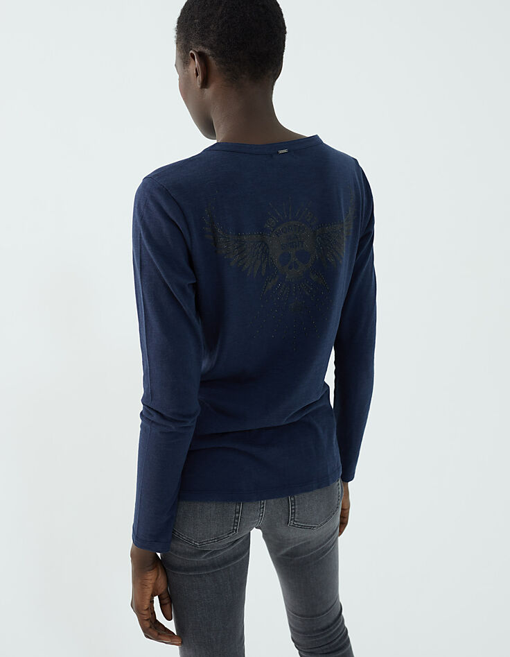 Tee-shirt marine en coton modal tête de mort strass femme-3